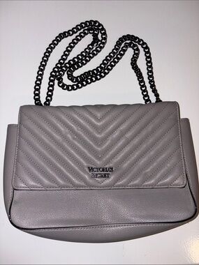 Victoria's Secret Light Gray Quilted Chevron Chain Shoulder Bag